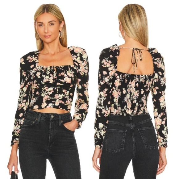 Free People Tops - Free People NWT Hilary Floral Print Puff Sleeves Cropped Top Black Combo Medium